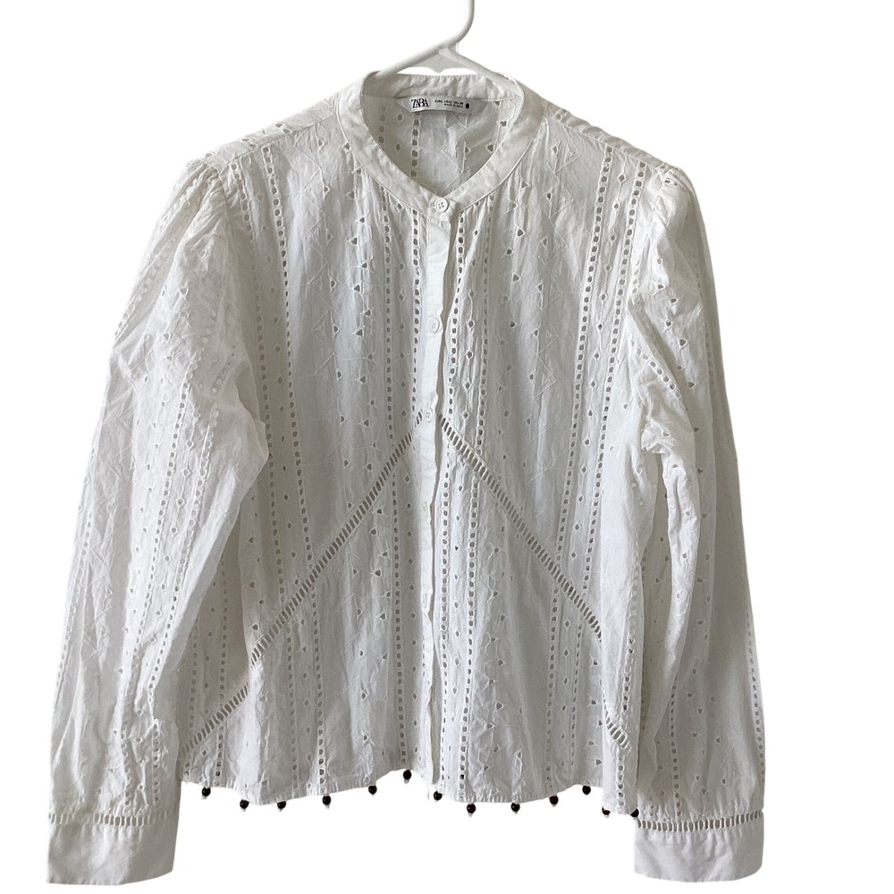 ZARA White Eyelet Embroidered Button Up Long Sleeve Blouse with Pom Poms Size Lg